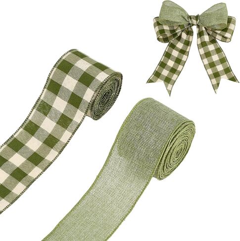 2 لفات من شريط سلكي من الخيش الأخضر المريمية، أشرطة حافة سلكية منقوشة بطول 10 ياردات، أشرطة قماشية مقاس 2.5 بوصة لتغليف إكليل الخريف وحفلات الزفاف وعيد الميلاد وتزيين المنزل in Kuwait