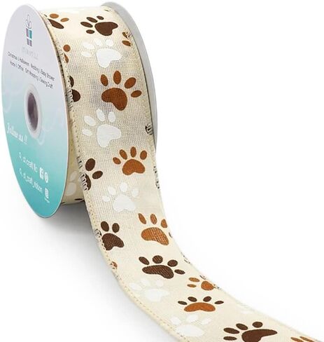 CT CRAFT LLC Ivory Canvas Dog Paw Wired Ribbon 1.5 Inch x 10 Yards for Christmas Home Decor Tree Topper Bow Gift Wrapping DIY Crafts Wreath Garland in Saudi Arabia