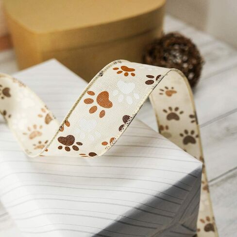 CT CRAFT LLC Ivory Canvas Dog Paw Wired Ribbon 1.5 Inch x 10 Yards for Christmas Home Decor Tree Topper Bow Gift Wrapping DIY Crafts Wreath Garland in Saudi Arabia