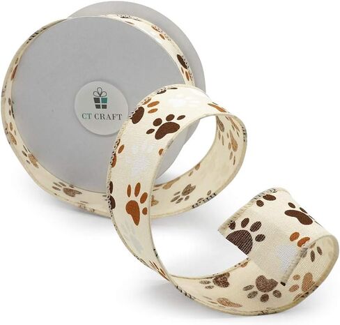 CT CRAFT LLC Ivory Canvas Dog Paw Wired Ribbon 1.5 Inch x 10 Yards for Christmas Home Decor Tree Topper Bow Gift Wrapping DIY Crafts Wreath Garland in Saudi Arabia