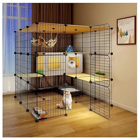Large Indoor Cat Cage with Litter Box, Including Cat Bed, Food Bowl, Hammock, 5-Piece Cat Cleaning Kit, Metal Large Cat Villa Playpen, Small Animal Dog House Dog Cage (41.3" L x 41.3W x 41.3" H) in Kuwait