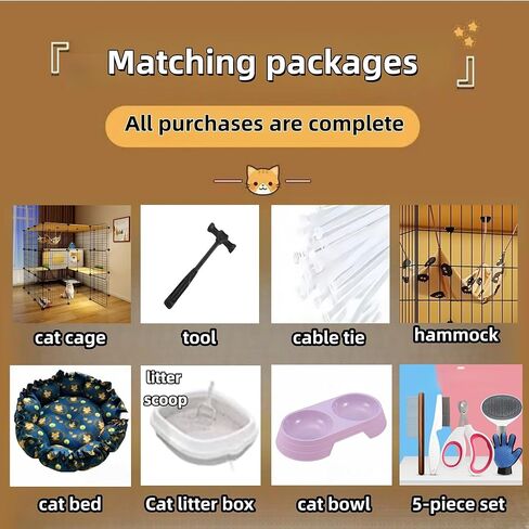 Large Indoor Cat Cage with Litter Box, Including Cat Bed, Food Bowl, Hammock, 5-Piece Cat Cleaning Kit, Metal Large Cat Villa Playpen, Small Animal Dog House Dog Cage (41.3" L x 41.3W x 41.3" H) in Kuwait