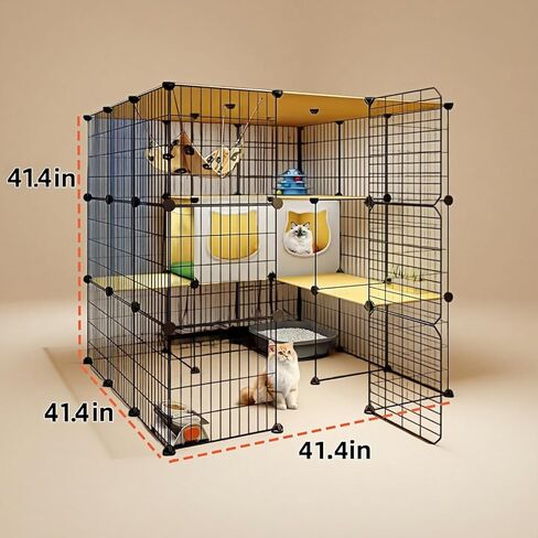 Large Indoor Cat Cage with Litter Box, Including Cat Bed, Food Bowl, Hammock, 5-Piece Cat Cleaning Kit, Metal Large Cat Villa Playpen, Small Animal Dog House Dog Cage (41.3" L x 41.3W x 41.3" H) in Kuwait