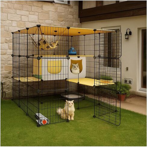 Large Indoor Cat Cage with Litter Box, Including Cat Bed, Food Bowl, Hammock, 5-Piece Cat Cleaning Kit, Metal Large Cat Villa Playpen, Small Animal Dog House Dog Cage (41.3" L x 41.3W x 41.3" H) in Kuwait