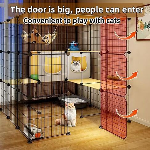 Large Indoor Cat Cage with Litter Box, Including Cat Bed, Food Bowl, Hammock, 5-Piece Cat Cleaning Kit, Metal Large Cat Villa Playpen, Small Animal Dog House Dog Cage (41.3" L x 41.3W x 41.3" H) in Kuwait