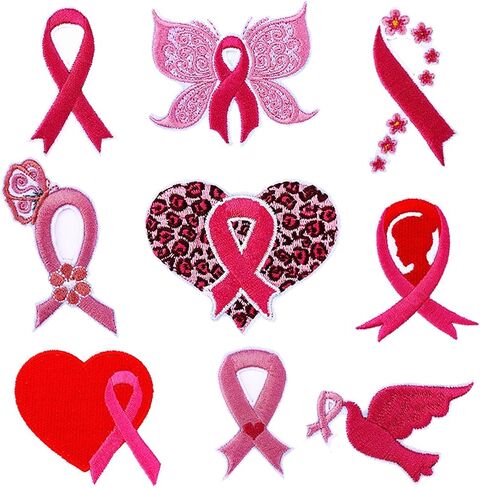 9-Pack Pink Ribbon Iron On Patches, Inspirational Breast Cancer Awareness Embroidered Patches with Butterfly, Floral, Heart Designs, Motivational Gifts for Survivors, Supporters, DIY Crafts in Saudi Arabia