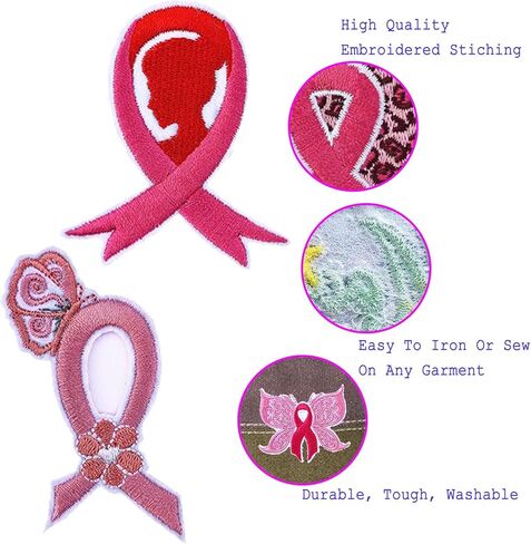 9-Pack Pink Ribbon Iron On Patches, Inspirational Breast Cancer Awareness Embroidered Patches with Butterfly, Floral, Heart Designs, Motivational Gifts for Survivors, Supporters, DIY Crafts in Saudi Arabia