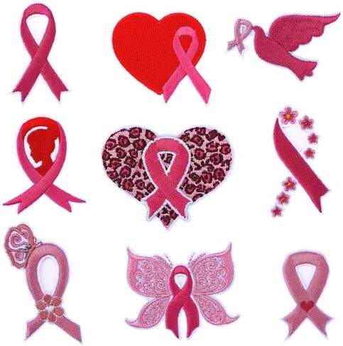 9-Pack Pink Ribbon Iron On Patches, Inspirational Breast Cancer Awareness Embroidered Patches with Butterfly, Floral, Heart Designs, Motivational Gifts for Survivors, Supporters, DIY Crafts in Saudi Arabia