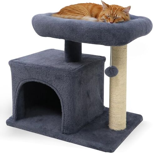 Tangkula Small Cat Tree for Indoor Cats, Cat Tower with Sisal Scratching Posts, Hanging Pompom, Cat Condo with Large Padded Plush Perch for Small Spaces, Kittens (Beige) in Saudi Arabia