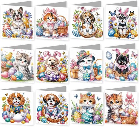 C'eitura 12pcs DIY Easter Dog Cat Diamond Art Painting Greeting Cards with Envelopes, Handmade DIY Card Kits for Birthday, New Year, Holiday Party, Daily Wishes, All Occasion Greeting Cards in Saudi Arabia
