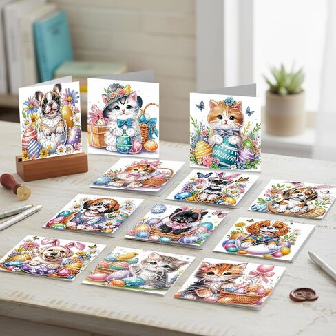 C'eitura 12pcs DIY Easter Dog Cat Diamond Art Painting Greeting Cards with Envelopes, Handmade DIY Card Kits for Birthday, New Year, Holiday Party, Daily Wishes, All Occasion Greeting Cards in Saudi Arabia