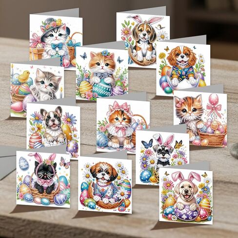 C'eitura 12pcs DIY Easter Dog Cat Diamond Art Painting Greeting Cards with Envelopes, Handmade DIY Card Kits for Birthday, New Year, Holiday Party, Daily Wishes, All Occasion Greeting Cards in Saudi Arabia