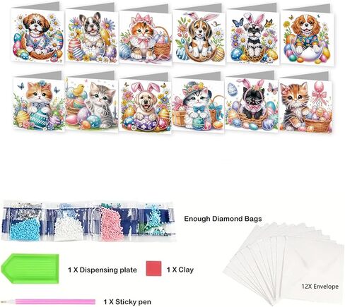 C'eitura 12pcs DIY Easter Dog Cat Diamond Art Painting Greeting Cards with Envelopes, Handmade DIY Card Kits for Birthday, New Year, Holiday Party, Daily Wishes, All Occasion Greeting Cards in Saudi Arabia