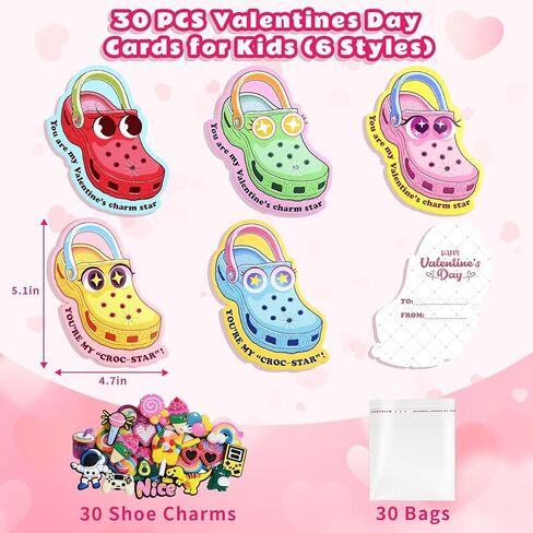 Valentines Day Cards for Kids School Classroom,30 Pack Valentines Day Gifts for Kids with Shoe Charms Bulk, Valentine Party Favor School Exchange Gifts in Saudi Arabia