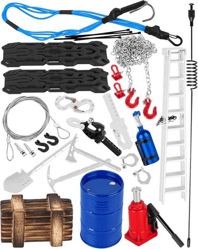Accessories Simulation Decoration for 1/10 RC Crawler SCX10 Trx4 Trx6,Hydraulic Jack/Oil Drum/Ladder/Tow Rope/Recovery Board/Tool/Wooden Box/Antennas/Gas Cylinder/Metal Chains/Hooks,Red in Saudi Arabia