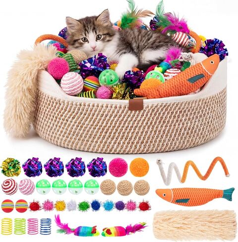Leitee Valentine's Day Cat Bed Storage Basket with 40 Pcs Cat Variety Toys Pack Set Includes Pillows, Spring Toy, Fish, Chew Rope and Balls for Kitten Kitty Swat Hunt Interactive Pet in Saudi Arabia