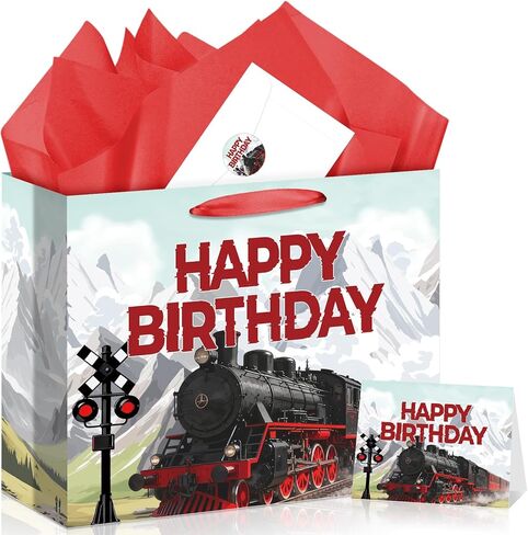 Allparty Train Birthday Gift Bag Vintage Steam Train Gift Bag with Wrapping Paper Card Sticker Envelope Retro Trains Party Favors Decorations Gifts Presents for Trains Themed Birthday Baby Shower in Saudi Arabia