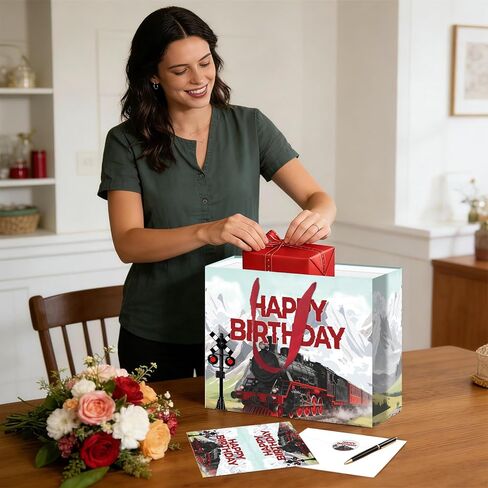 Allparty Train Birthday Gift Bag Vintage Steam Train Gift Bag with Wrapping Paper Card Sticker Envelope Retro Trains Party Favors Decorations Gifts Presents for Trains Themed Birthday Baby Shower in Saudi Arabia