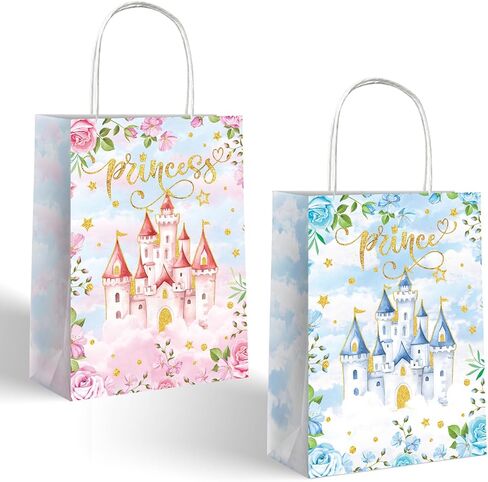 Lesnala 16 Pcs Princess Prince party favor bags with handles Blue Pink Castle treat paper bags Prince Princess themed party goodie candy bags for Gender Reveal Baby Shower birthday party decoration in Saudi Arabia