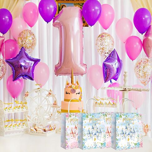 Lesnala 16 Pcs Princess Prince party favor bags with handles Blue Pink Castle treat paper bags Prince Princess themed party goodie candy bags for Gender Reveal Baby Shower birthday party decoration in Saudi Arabia