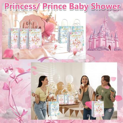 Lesnala 16 Pcs Princess Prince party favor bags with handles Blue Pink Castle treat paper bags Prince Princess themed party goodie candy bags for Gender Reveal Baby Shower birthday party decoration in Saudi Arabia