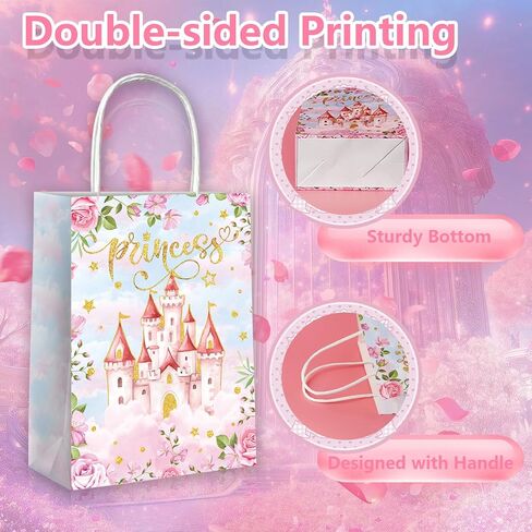 Lesnala 16 Pcs Princess Prince party favor bags with handles Blue Pink Castle treat paper bags Prince Princess themed party goodie candy bags for Gender Reveal Baby Shower birthday party decoration in Saudi Arabia