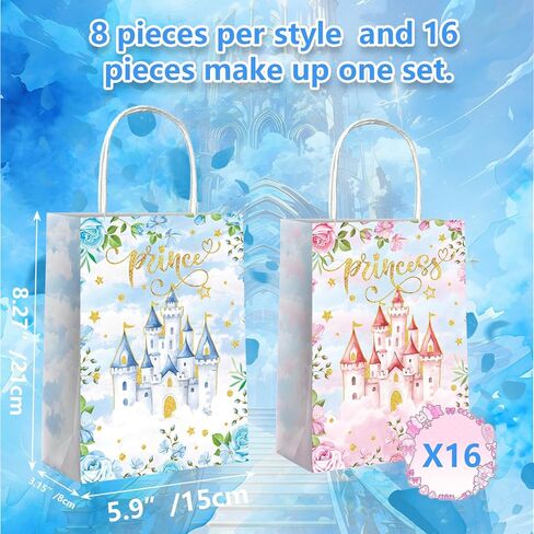 Lesnala 16 Pcs Princess Prince party favor bags with handles Blue Pink Castle treat paper bags Prince Princess themed party goodie candy bags for Gender Reveal Baby Shower birthday party decoration in Saudi Arabia