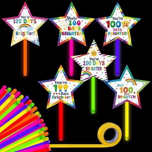 Realspring 48 Pcs 100th Day of School Gifts for Students Include 24 Pcs 0.4x7.8 in Glow in the Dark Sticks 24 You're 100 Days Brighter Cards with Washi Tapes for Classroom in Saudi Arabia