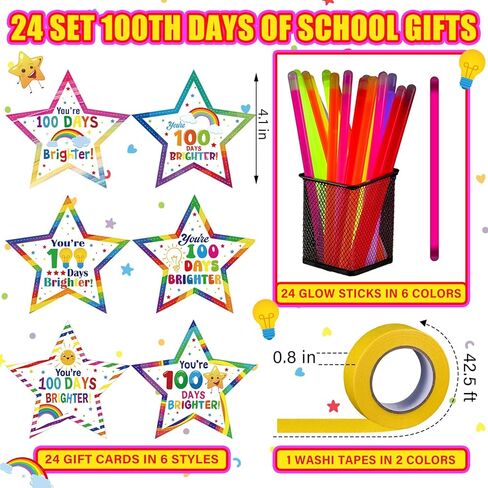 Realspring 48 Pcs 100th Day of School Gifts for Students Include 24 Pcs 0.4x7.8 in Glow in the Dark Sticks 24 You're 100 Days Brighter Cards with Washi Tapes for Classroom in Saudi Arabia