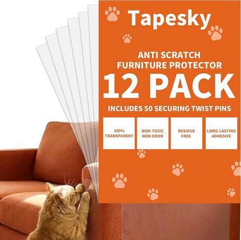 12 Pack Cat Scratch Furniture Protector, Clear Cat Scratch Tape Sheet with No Odor, Child & Pet Friendly, Single-Sided Couch Protector with No-Residue for Sofa, Door & Bed, Includes 50 Twist Pins in Saudi Arabia