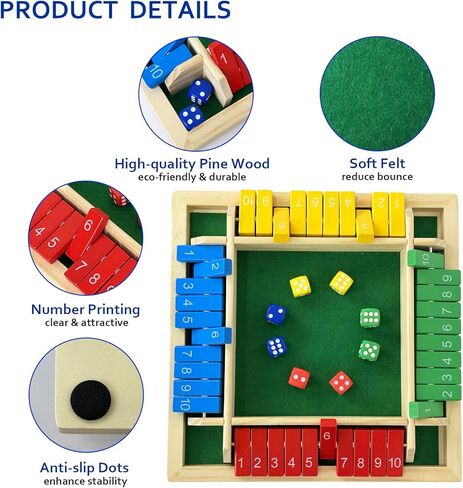 لعبة Shut The Box Dice 4 لاعبين، ألعاب طاولة خشبية للأطفال والكبار، بالإضافة إلى ألعاب الرياضيات للعائلة أو الفصل الدراسي أو الحفلات أو البار (10 أرقام) in Kuwait