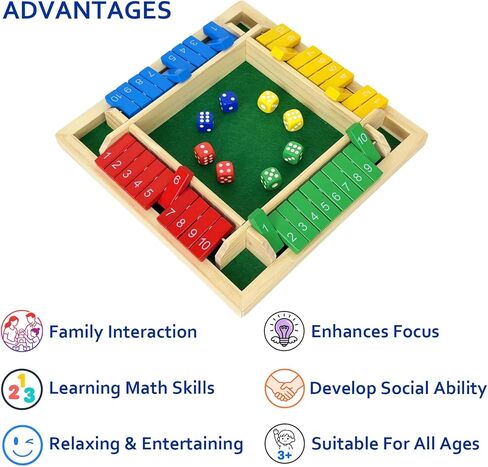لعبة Shut The Box Dice 4 لاعبين، ألعاب طاولة خشبية للأطفال والكبار، بالإضافة إلى ألعاب الرياضيات للعائلة أو الفصل الدراسي أو الحفلات أو البار (10 أرقام) in Kuwait