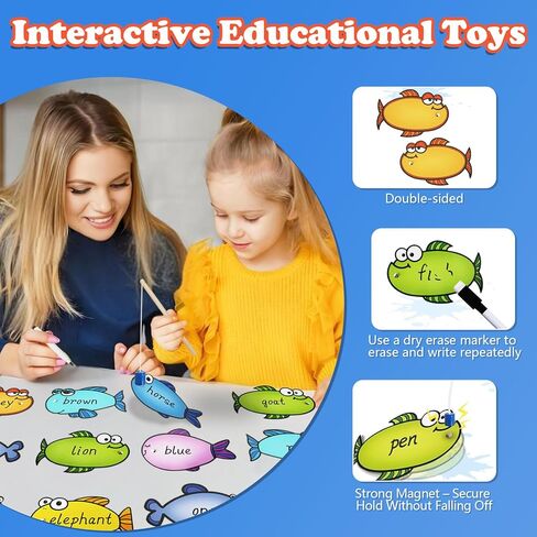 Magnetic Fishing Game 16 Pcs Dry Erase Fish Cards 2 Magnetic Fishing Pole Sight Words Flash Cards Kindergarten Board Games for Kids 4-6 in Saudi Arabia