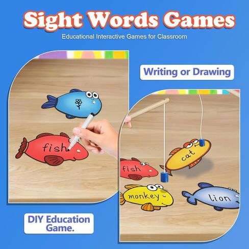 Magnetic Fishing Game 16 Pcs Dry Erase Fish Cards 2 Magnetic Fishing Pole Sight Words Flash Cards Kindergarten Board Games for Kids 4-6 in Saudi Arabia