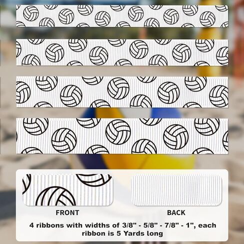 شريط الكرة الطائرة - أشرطة Grosgrain بأربعة مقاسات (3/8"، 5/8"، 7/8"، 1 بوصة)، كل منها بطول 5 ياردات - إكسسوارات فيونكة الشعر DIY، تغليف الهدايا، مستلزمات الحفلات، هدايا الفريق والديكورات الرياضية (أبيض) in Kuwait