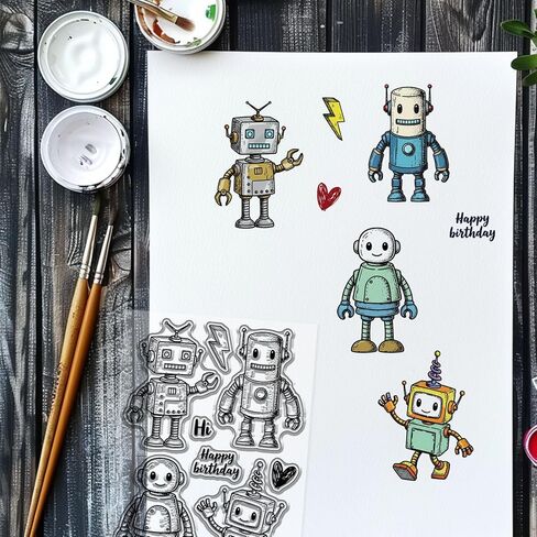 GLOBLELAND Cute Robot Clear Stamp for Scrapbooking Funny Robot Silicone Stamps Gear Heart Transparent Stamp for Card Making DIY Embossing Journaling in Saudi Arabia