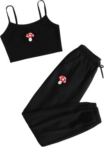 طقم ملابس بناتي مكون من قطعتين من OYOANGLE بدون أكمام مطبوع عليه رسوم كرتونية على شكل فطر ومطرز برقبة دائرية وقميص علوي وسراويل رياضية in Kuwait