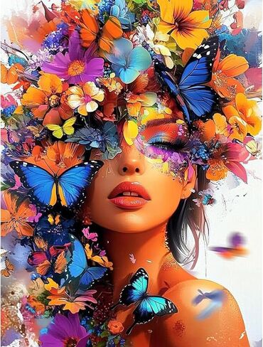 KEYIFA 5D Diamond Art Lady, DIY Diamond Painting Kits for Adults, Round Full Drill, Colorful Flowers Diamonds Dots Mosaic Painting, Crystal Gem Arts Craft for Home Wall Decor 12x16 in in Kuwait