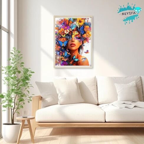 KEYIFA 5D Diamond Art Lady, DIY Diamond Painting Kits for Adults, Round Full Drill, Colorful Flowers Diamonds Dots Mosaic Painting, Crystal Gem Arts Craft for Home Wall Decor 12x16 in in Kuwait