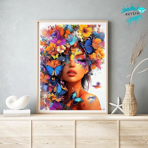 KEYIFA 5D Diamond Art Lady, DIY Diamond Painting Kits for Adults, Round Full Drill, Colorful Flowers Diamonds Dots Mosaic Painting, Crystal Gem Arts Craft for Home Wall Decor 12x16 in in Kuwait