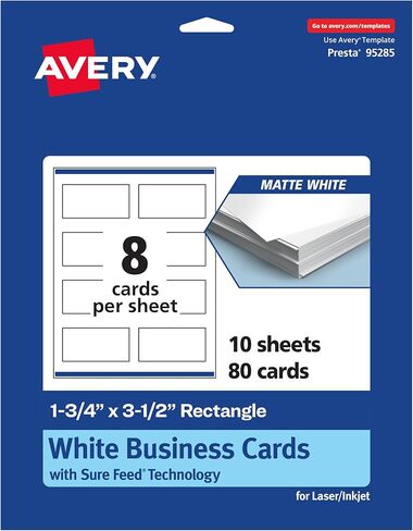 Avery Printable Rectangle Mini Business Cards, Sure Feed Technology, 1-3/4" x 3-1/2", Matte White Cardstock, Print-To-The-Edge, Laser/Inkjet Printable, 200 Total in Saudi Arabia