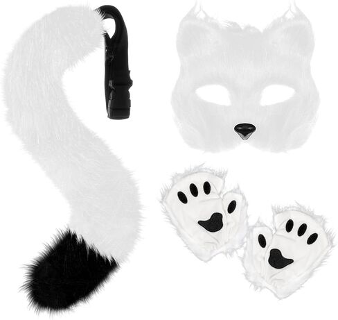 XEPST Furry Fox Wolf Cosplay Set with Mask Tail Paw Gloves, Animal Cosplay Costume Kit for Anime Fancy Dress Accessories Halloween Christmas Dress Up Carnival Role Play Party Supplies, White in Saudi Arabia