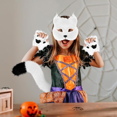 XEPST Furry Fox Wolf Cosplay Set with Mask Tail Paw Gloves, Animal Cosplay Costume Kit for Anime Fancy Dress Accessories Halloween Christmas Dress Up Carnival Role Play Party Supplies, White in Saudi Arabia