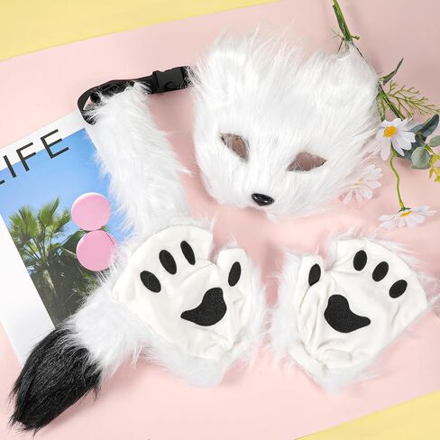 XEPST Furry Fox Wolf Cosplay Set with Mask Tail Paw Gloves, Animal Cosplay Costume Kit for Anime Fancy Dress Accessories Halloween Christmas Dress Up Carnival Role Play Party Supplies, White in Saudi Arabia