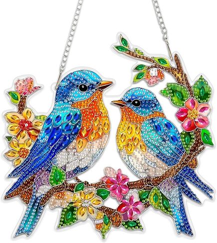 MEIYUDA Bird Diamond Art Hanging Kits for Adult, Glass Flowers Bird Diamond Painting Hanging Kits Ornaments, DIY Special Shaped Rhinestone Window Pendants kit for Home Garden Wall Decor Gift in Saudi Arabia