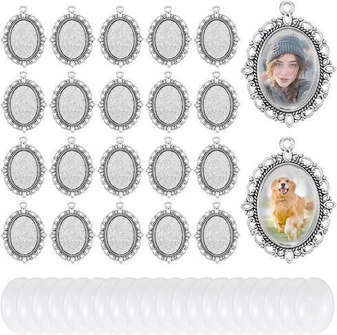 40Pcs Photo Charms Cabochon Blanks Set, 20pcs Oval Blank Bezel Pendant Trays Base and 20pcs Glass Cabochon Dome Tiles for Wedding Brides Bridal Bouquet Charm Necklace Jewelry Making in Saudi Arabia