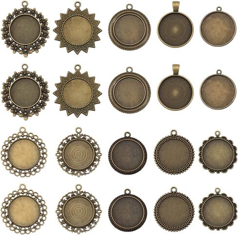 SUNNYCLUE 1 Box 20Pcs 10 Styles Bronze Pendant Tray Round Bezel Trays 25mm Antique Metal Alloy Blank Flower Frame Base Cabochon Charms for Jewelry Making DIY Crafting Photo Findings Accessories in Saudi Arabia