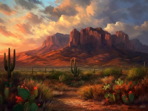 DIY 5D Diamond Art Kits Painting for Adults Peaceful Superstition Mountains Sunset Arizona Western Desert Cactus Landscape(2) 11.7x15.8inches/30x40cm in Saudi Arabia