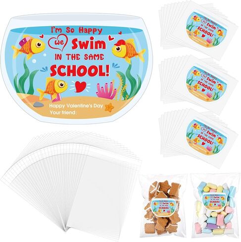 Geyoga 30 Pack Valentine's Day Goldfish Stickers with Treat Bags Self-Adhesive Biscuit Dessert Plastic Bag Cellophane Gift for Valentines Birthday Party Favors Supplies in Saudi Arabia