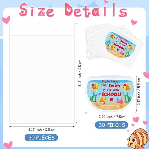 Geyoga 30 Pack Valentine's Day Goldfish Stickers with Treat Bags Self-Adhesive Biscuit Dessert Plastic Bag Cellophane Gift for Valentines Birthday Party Favors Supplies in Saudi Arabia